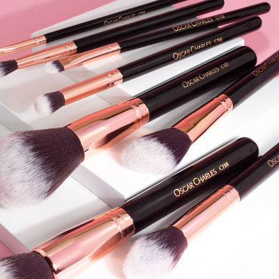 Guide to types of makeup brushes and their uses, with pictures of the Oscar Charles makeup brushes.