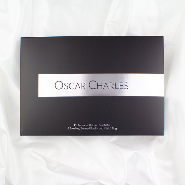 Oscar Charles 8-teiliges luxuriöses Profi-Makeup-Pinselset & luxuriöse Kosmetiktasche. Silber/Schwarz